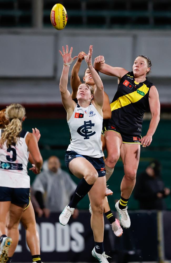 Moody also played in the first AFLW game at Ikon Park. Picture: Dylan Burns / Getty Images