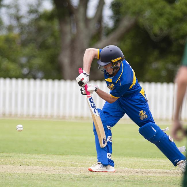 Henry Maunder bats for Toowoomba Grammar School (TGS) against Brisbane Boys College (BBC) in round 1 GPS Competition 1st cricket at Mills Oval, TGS, Saturday, February 1, 2025. Picture: Kevin Farmer