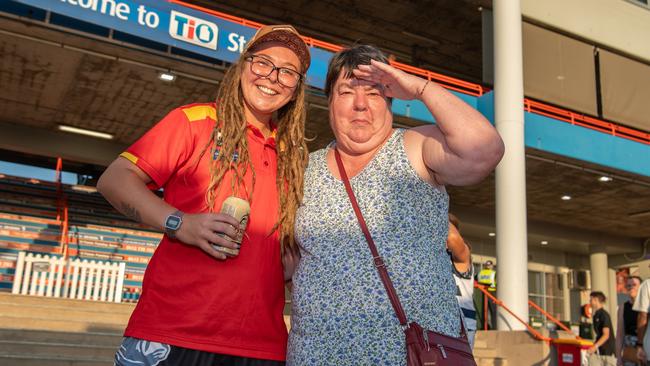 Jane Smith and Georgie Mumford at the Gold Coast Suns vs Geelong Cats Round 10 AFL match at TIO Stadium. Picture: Pema Tamang Pakhrin