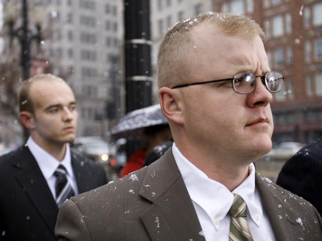 On trial ... former Blackwater Worldwide security guards Paul Slough (right) and Nick Slatten leave federal court in Salt Lake City in 2008. Picture: AP