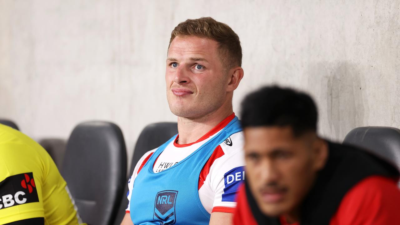 George Burgess of the Dragons watches on from the bench during the round four NRL match between the Parramatta Eels and the St George Illawarra Dragons at CommBank Stadium, on April 03, 2022, in Sydney, Australia.