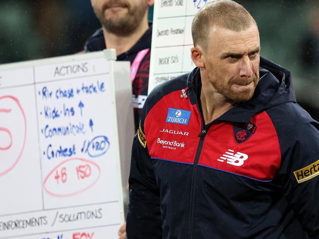 ADELAIDE, AUSTRALIA - MAY 19: Simon Goodwin, Senior Coach of the Demons during the 2023 AFL Round 10 match between Yartapuulti/Port Adelaide Power and Narrm/Melbourne Demons at Adelaide Oval on May 19, 2023 in Adelaide, Australia. (Photo by Sarah Reed/AFL Photos via Getty Images)