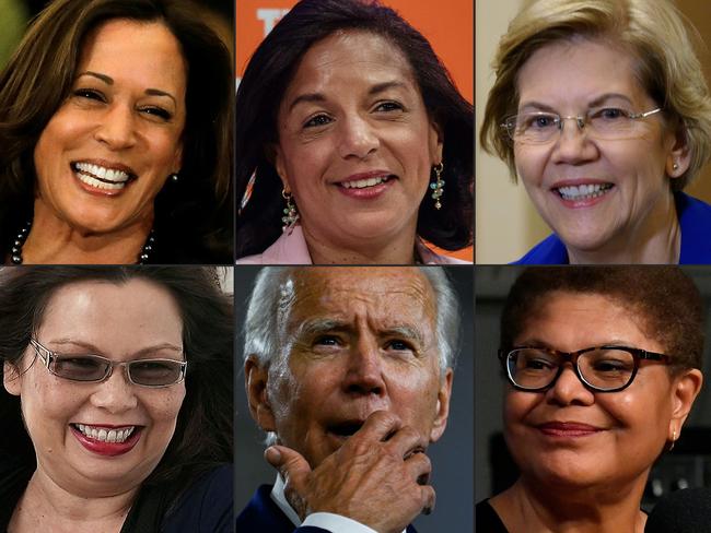 Top candidates (clockwise from top left): California Senator Kamala Harris, former National Security Adviser Susan Rice, US Senator Elizabeth Warren, US Senator Tammy Duckworth and Congresswomen Karen Bass. Picture: AFP