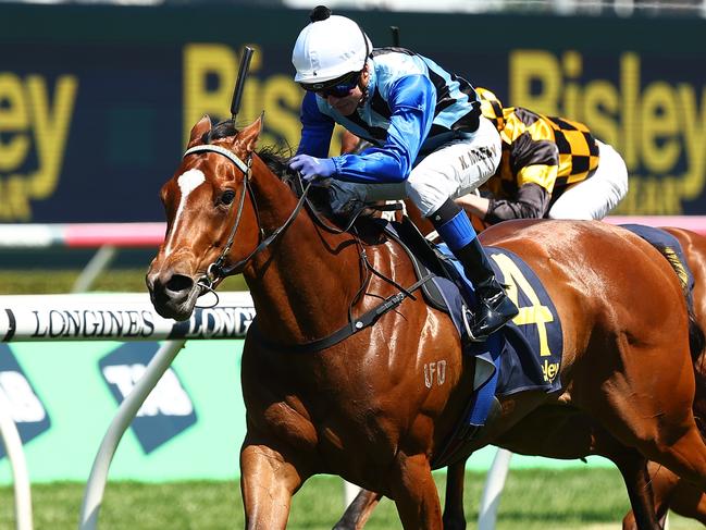 SYDNEY, AUSTRALIA - OCTOBER 14: Kerrin Mcevoy riding Arctic Glamour wins Race 3 Bisley Workwear Reginald Allen Quality during Sydney Racing - TAB Everest Day at Royal Randwick Racecourse on October 14, 2023 in Sydney, Australia. (Photo by Jeremy Ng/Getty Images)