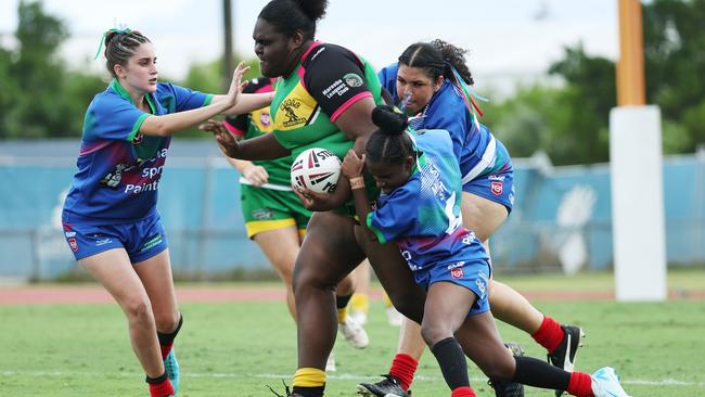 Puna Dotoi proves too big and too strong for the Leps' defence in the Far North Queensland Rugby League (FNQRL) Under 17 girl's grand final match between the Mareeba Gladiators and the Innisfail Leprechauns, held at Barlow Park. Picture: Brendan Radke