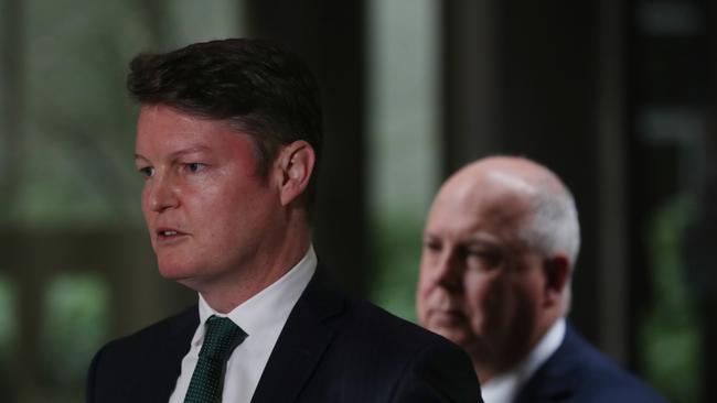 Victorian Deputy Premier and Education Minister Ben Carroll with Treasurer Tim Pallas. Picture: David Crosling