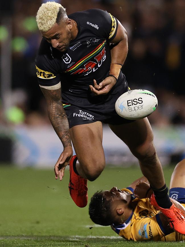 The Panthers scored a try after Viliame Kikau lost the ball. Picture: Getty Images.