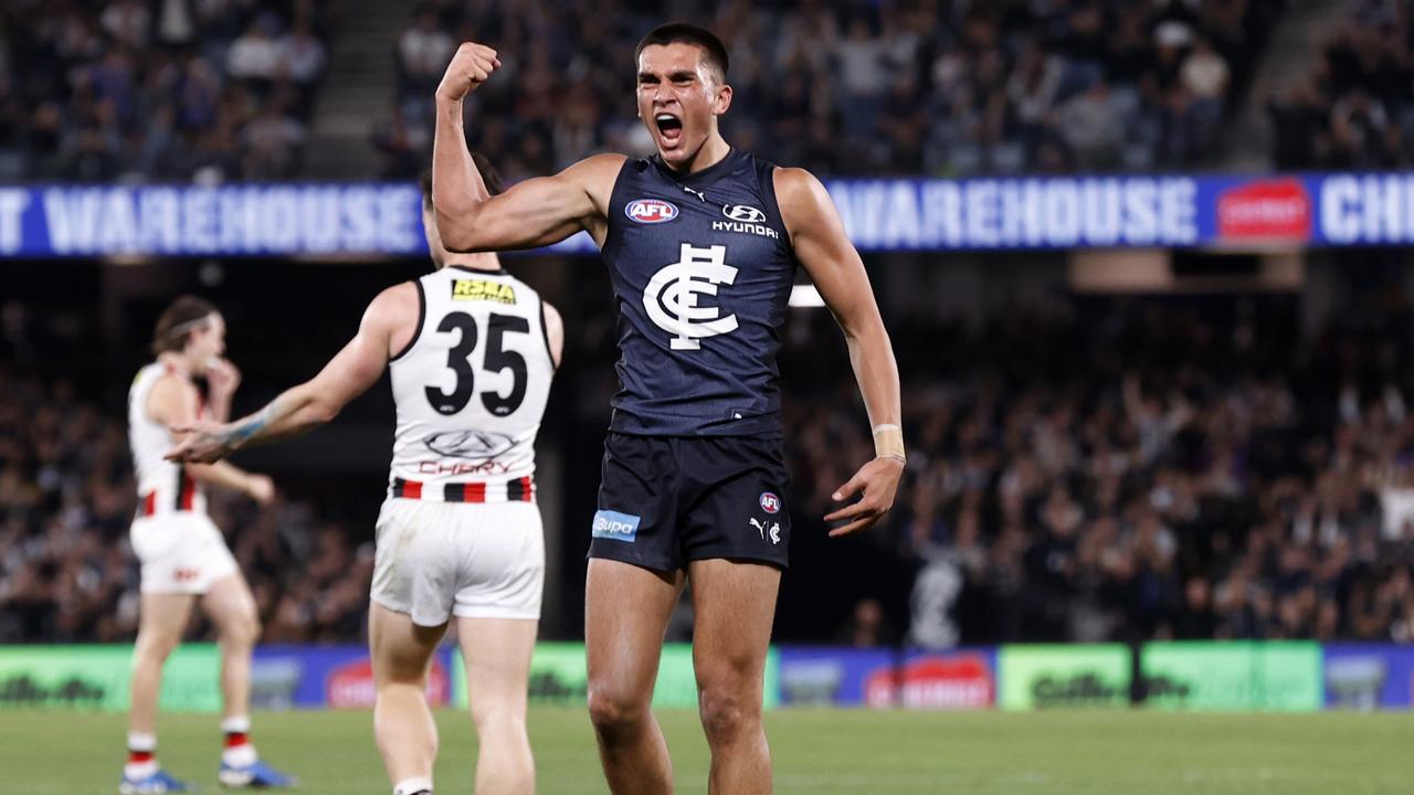 No. 29 pick Ashton Moir has brought something different to Carlton’s forward line in consecutive sub appearances to finish the home and away season. Picture: Darrian Traynor / Getty Images