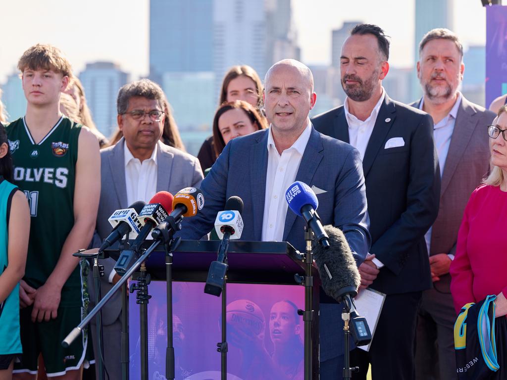 PERTH, AUSTRALIA - MAY 24: - Basketball Australia CEO Matt Scriven addresses the media during a NBL &amp; Basketball Australia media opportunity at South Perth Foreshore on May 24, 2024 in Perth, Australia. (Photo by Stefan Gosatti/Getty Images for NBL)