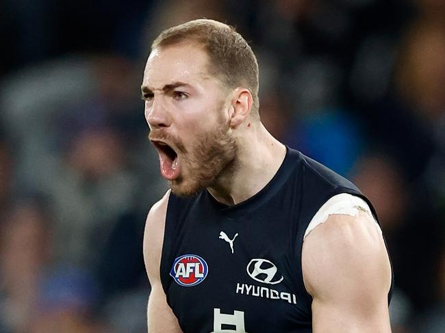 MELBOURNE, AUSTRALIA - JULY 21: Harry McKay of the Blues celebrates a goal during the 2024 AFL Round 19 match between the Carlton Blues and the North Melbourne Kangaroos at Marvel Stadium on July 21, 2024 in Melbourne, Australia. (Photo by Michael Willson/AFL Photos via Getty Images)