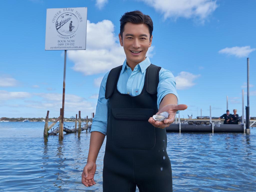 Huang Xiaoming at an oyster farm. Picture: South Australian Tourism Commission