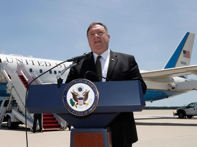 US Secretary of State Mike Pompeo speaks to the media at Andrews Air Force Base, near Washington on June 23, 2019, before boarding a plane headed to Jeddah, Saudi Arabia. (Photo by Jacquelyn Martin / POOL / AFP)
