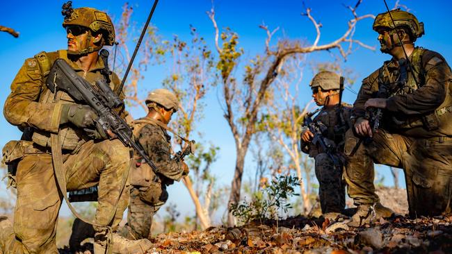 US Marines and Australian Army members during Exercise Koolendong at Mount Bundey Training Area in the Northern Territory last September. Picture: US Marine Corps/Lydia Gordon