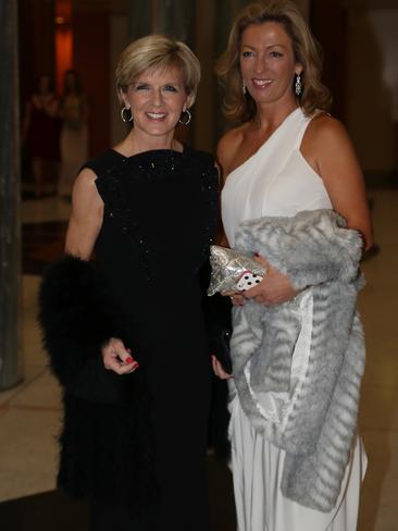 Foreign Affairs Minister Julie bishop and Jannette Cotterell arrive at the Great Hall in Parliament House in Canberra for the Mid Winter Ball. Pic by Gary Ramage