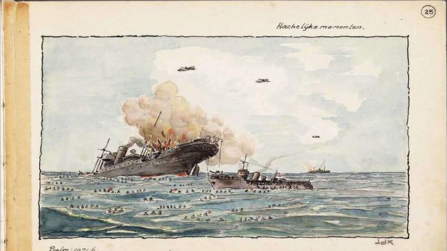 Ingham woman Veronica Green has spent years chasing the history of her Dutch family in Indonesia in World War II. Drawing of the bombing by US planes of Nichimei Maru on 15 Jan 1943 (Paul Stille was wounded due to the bombing). Picture: Supplied