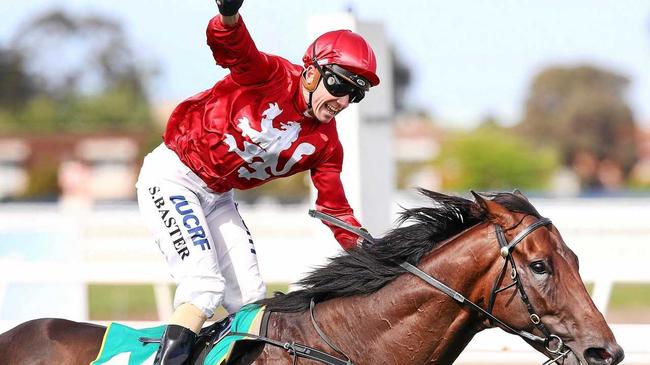 Jockey Stephen Baster riding Runaway wins the Geelong Cup on October 24, 2018. Picture: Michael Dodge