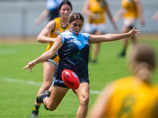 NTFL women's qualifying final: Darwin Buffettes v St Mary's at TIO Stadium. Buffette Bridie McMurtrie with a kick long.Photograph: Che Chorley