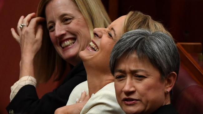 Labor Senators Katy Gallagher, Kristina Keneally and Penny Wong. Picture: Sam Mooy