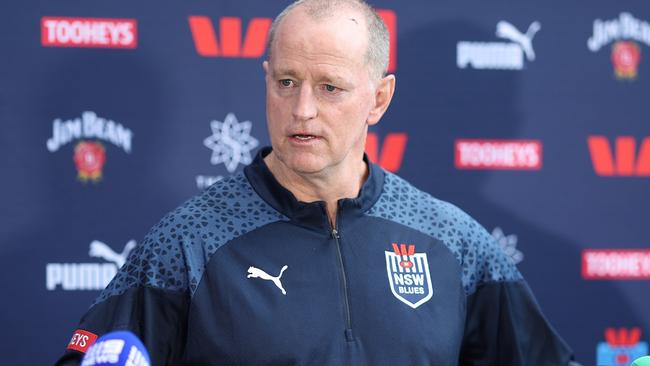 SYDNEY, AUSTRALIA - JUNE 04: NSW Blues coach Michael Maguire speaks to the media during a New South Wales Blues State of Origin Media Session at Pullman at Sydney Olympic Park on June 04, 2024 in Sydney, Australia. (Photo by Mark Metcalfe/Getty Images)