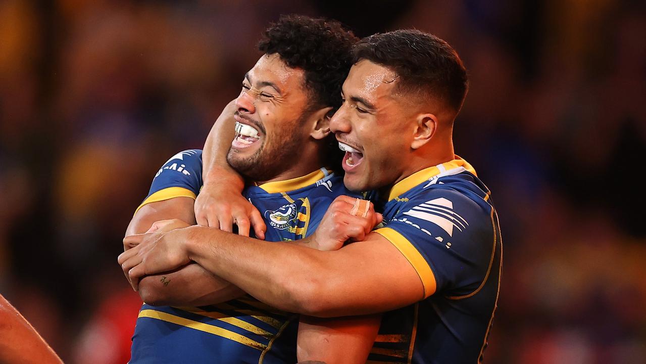 Waqa Blake and Will Penisini celebrate a try. Picture: Mark Kolbe/Getty Images