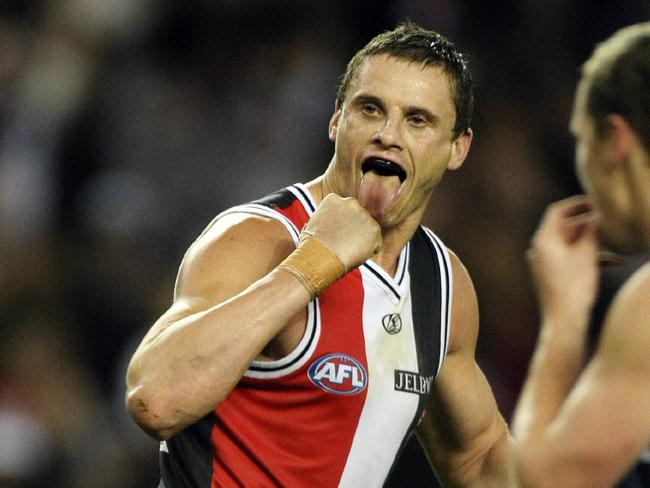 05/07/2009 SPORT: St Kilda vs Geelong at Etihad Stadium. Michael Gardiner pokes his tongue out after kicking the goal that put the saints 8 points infront