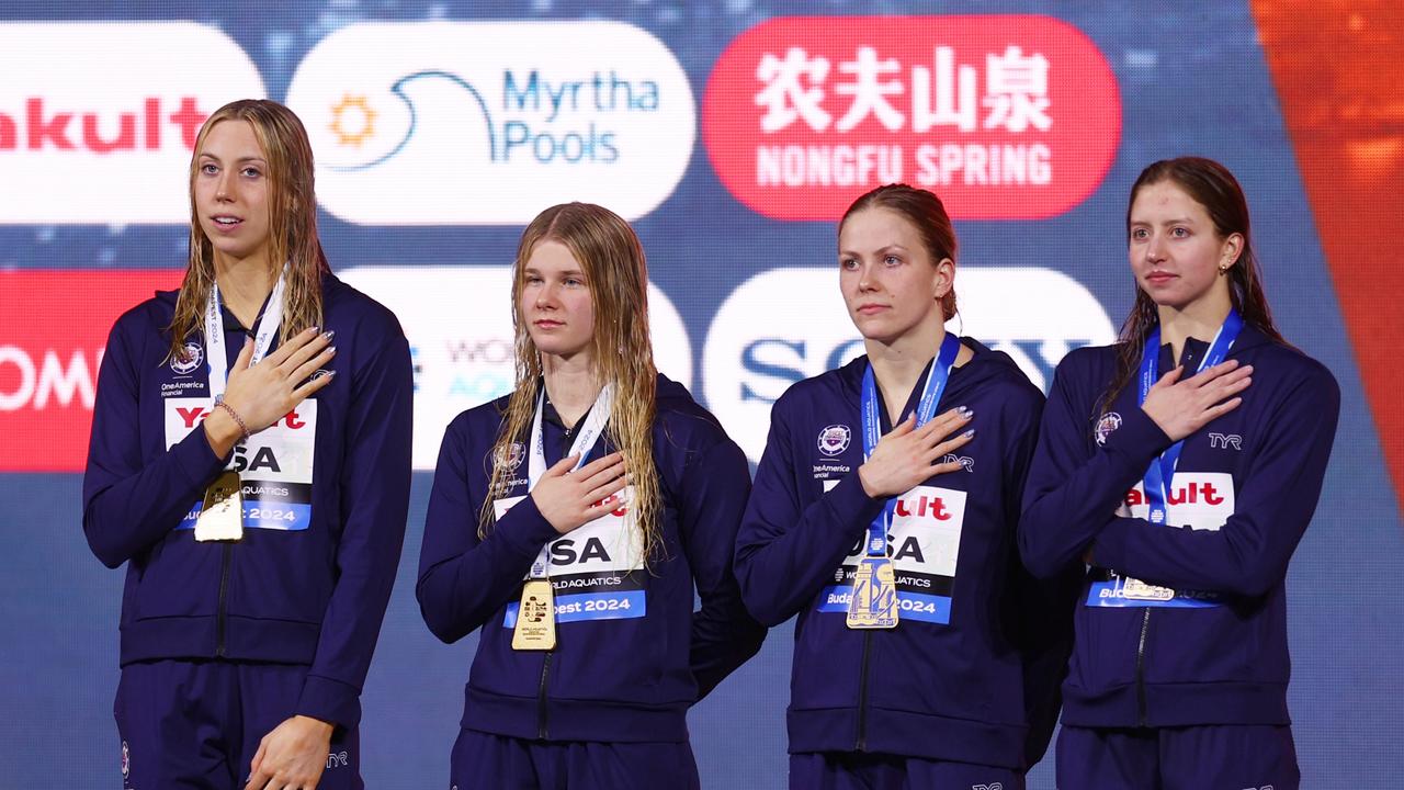 The USA broke Australia’s 4x100m freestyle world record. (Photo by Dean Mouhtaropoulos/Getty Images)