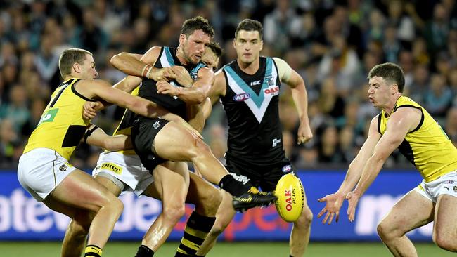 Travis Boak and Tom Rockliff are in strong form for Port Adelaide. Picture: AAP Image/Sam Wundke