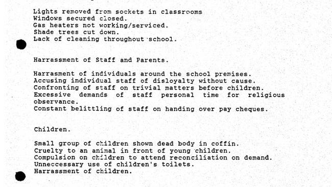 List of grievances by teachers and parents against Father Peter Searson when he worked at Holy Family Catholic Church in Doveton. Picture: Royal Commission.