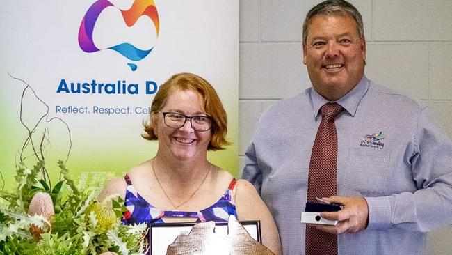 Collinsville Citizen of the Year Ann-Marie Williamson receives her award from Whitsunday Mayor Andrew Willcox at the Australia Day Awards Presentation. Photo: Elyse Wurm