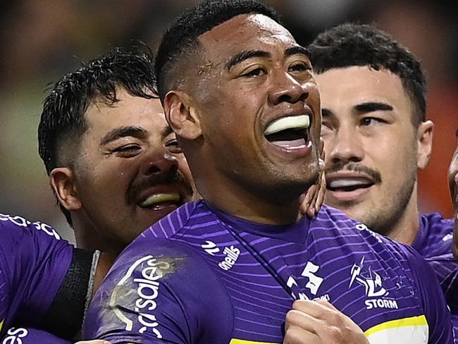 TOWNSVILLE, AUSTRALIA - AUGUST 29: Lazarus Vaalepu of the Storm celebrates after scoring a try  during the round 26 NRL match between North Queensland Cowboys and Melbourne Storm at Qld Country Bank Stadium, on August 29, 2024, in Townsville, Australia. (Photo by Ian Hitchcock/Getty Images)