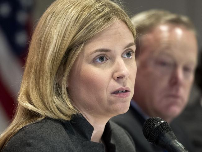 Katie Walsh appears at a post-election press briefing next to White House press secretary Sean Spicer. Picture: AP