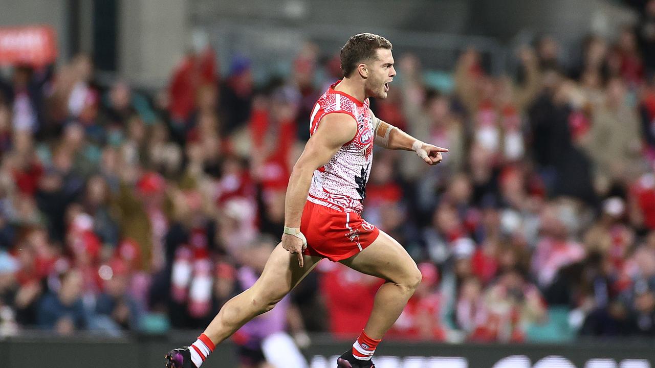 Tom Papley celebrates one of his three majors. Picture: Cameron Spencer/Getty Images