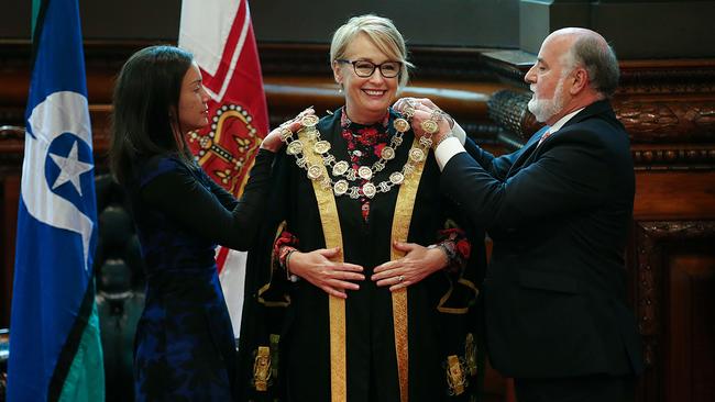 New Lord Mayor Sally Capp is sworn in at Melbourne Town Hall. Picture: Ian Currie