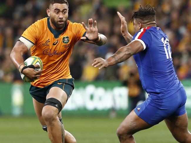 MELBOURNE, AUSTRALIA - JULY 13: Lukhan Salakaia-Loto of the Wallabies runs with the ball during the International Test match between the Australian Wallabies and France at AAMI Park on July 13, 2021 in Melbourne, Australia. (Photo by Darrian Traynor/Getty Images)