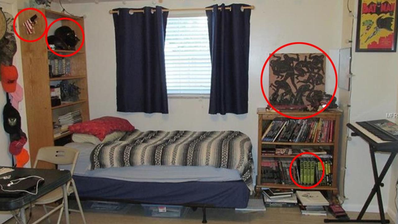 Items pictured inside Brian Laundrie's bedroom show a Darth Vader helmet, a violent poster and Watchmen comics.