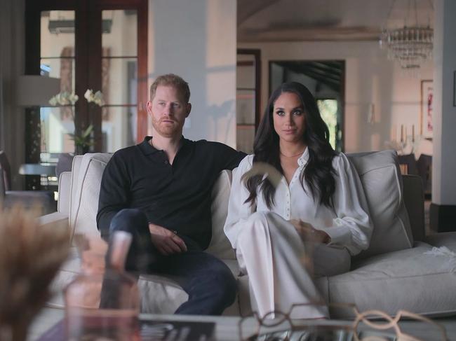 Prince Harry and Meghan Markle during an interview in the Netflix docuseries. Picture: Netflix