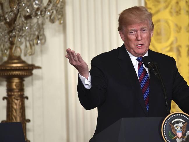 President Donald Trump speaks during a news conference with Latvian President Raimonds Vejonis, Estonian President Kersti Kaljulaid, and Lithuanian President Dalia Grybauskaite in the East Room of the White House, Tuesday, April 3, 2018, in Washington. (AP Photo/Susan Walsh)