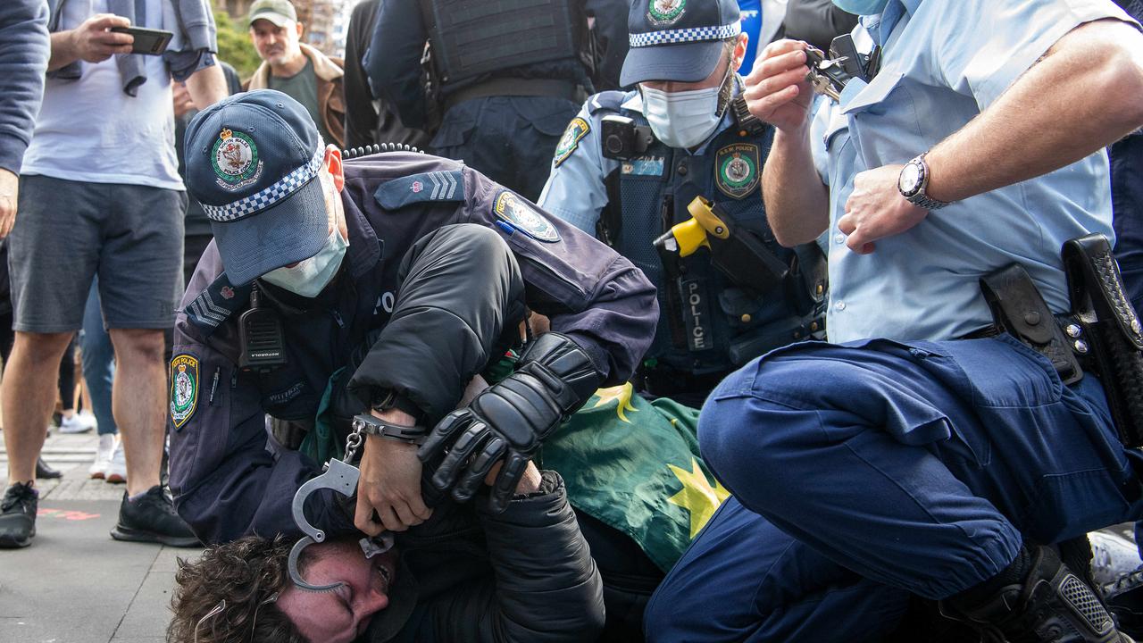 Protestors clash with NSW Police officers at Town Hall. Picture: NCA NewsWire/Bianca De Marchi