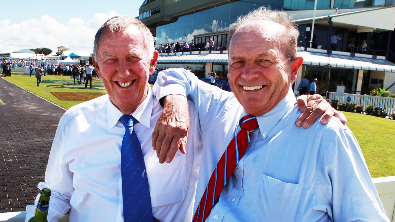 Businessmen John Singleton (L) and Gerry Harvey during the Magic Millions event at the Gold Coast Turf Club in Queensland.