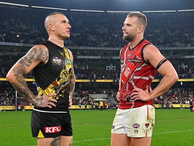 Dustin Martin and Jake Stringer chat post-match. Picture: Morgan Hancock/AFL Photos/via Getty Images