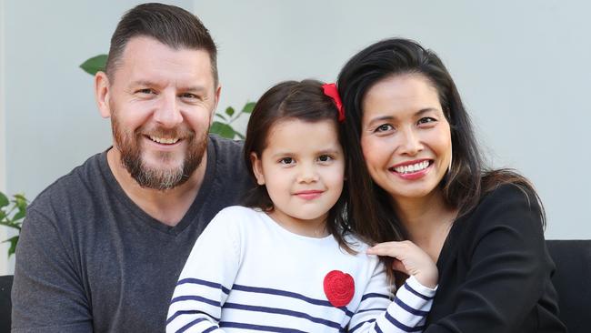 Manu Feildel with his wife Clarissa and their five year old daughter Charlee. Picture: Richard Dobson