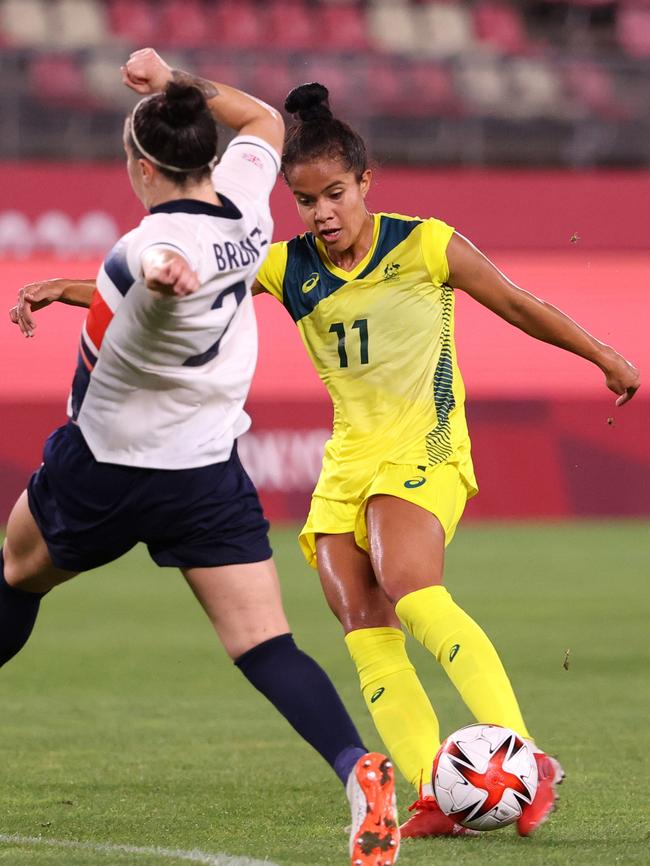 Mary Fowler loads up her super strike that put Australia ahead. Picture: Atsushi Tomura/Getty Images