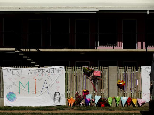 Flowers and memorial at Shelley’s hostel, where Ms Ayliffe-Chung was killed. Picture: Mark Calleja