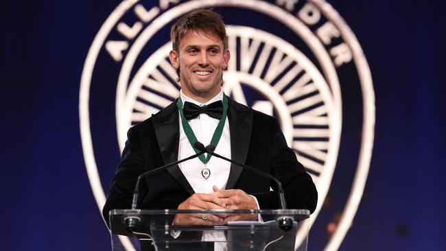 “I’m a bit fat at times and I love a beer …”: Marsh wins the AB Medal. Picture: Jonathan DiMaggio/Getty Images