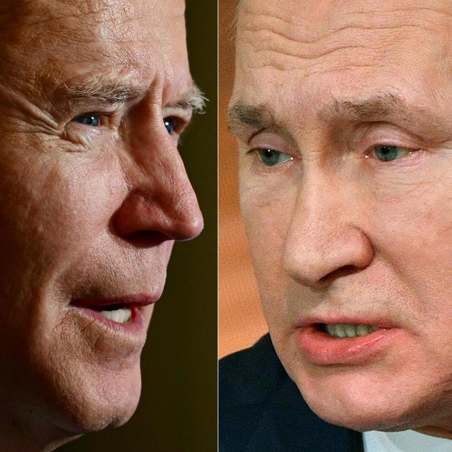 US President Joe Biden, left, threatened Vladimir Putin with ‘swift and severe costs’ should Russia invade Ukraine. Picture: AFP