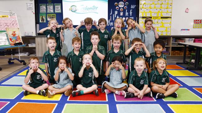 MY FIRST YEAR 2024 -SILLY FACES – Freshwater State School prep class GW. Back (L-R): Thea, Zoe, Peter, Oshi, Violet, Olivia, Esther Middle (L-R): Marco, Archie, Joshua, Angus, Max, Kota Front (L-R): Tiaki, Kiera, Liam, Airi, Harrison, Alice Picture: Brendan Radke