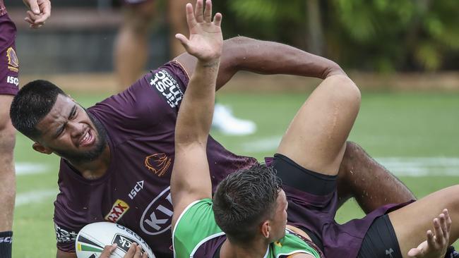 Brisbane Broncos player Payne Hass in action during a team training session in Brisbane, Thursday, January 30, 2020. (AAP Image/Glenn Hunt) NO ARCHIVING