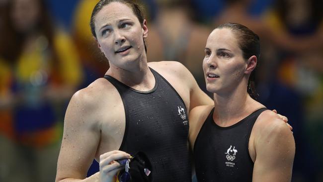 Australia’s Cate Campbell and sister Bronte finished a disappointing sixth and fourth in the women’s 100m freestyle at the 2016 Rio Olympic Games. Picture: Brett Costello