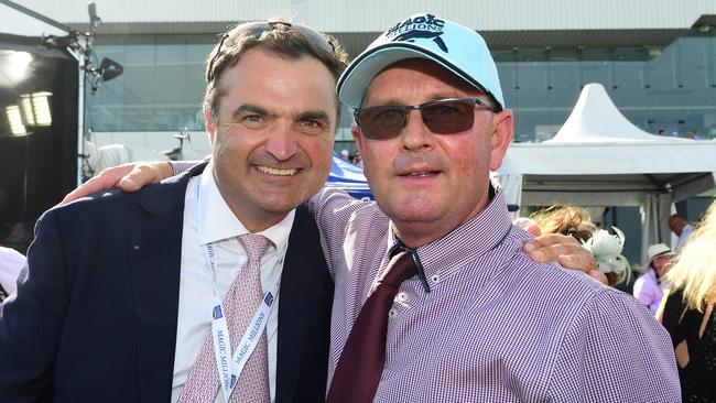 Toby Edmonds (right) has become one of the most in-demand trainers in Australia following his stunning Magic Millions 2YO Classic win with Houtzen last weekend. Picture: Grant Peters, Trackside Photography.