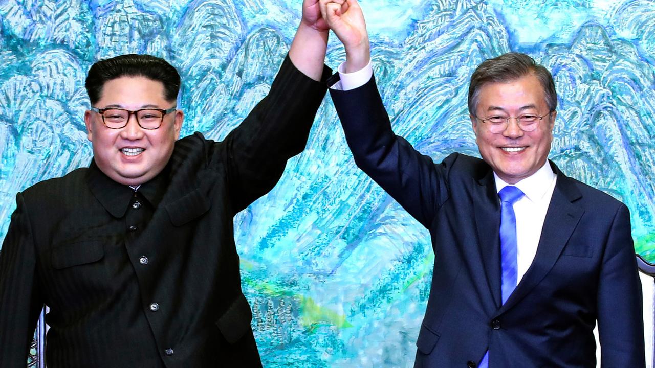 This suddenly feels like a long time ago. North Korean leader Kim Jong-un with South Korean President Moon Jae-in. Pic: AP